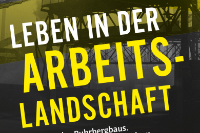 Das Veransaltungsplakat mit dem Titel vor einer gelb hinterlegten Grubenseilbahn.