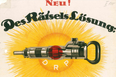Werbung der Fabrik für Bergwerks-Bedarfsartikel mit Abbildung eines Bohrhammers