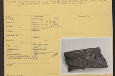 Karteikarte mit Text und Abbildung eines Holztäfelchens