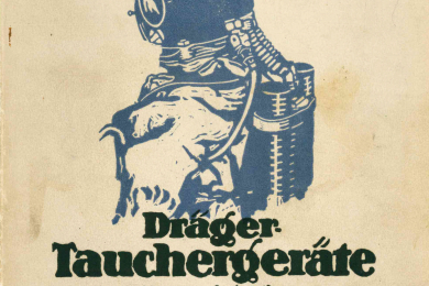 Katalogdeckblatt mit Werbetext und Zeichnung eines Tauchgerätes