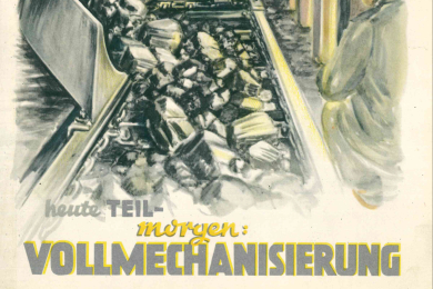 Werbung Eickhoffs mit Zeichnung eines Walzenschrämladers mit zwei Bergleuten