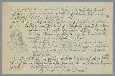 Auszug eines handschriftlichen Briefes von Sallwürk an Winkelmann, links eine Bleistiftskizze von Hugo Schultz.
