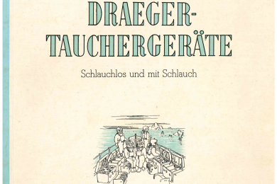 Katalogdeckblatt mit Werbetext und Zeichnung von Tauchern auf einem Schiff