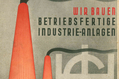 Werbung der Gutehoffnungshütte mit Firmenlogo davor rauchende Schlote