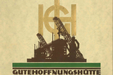 Werbung der Gutehoffnungshütte mit Firmenlogo darunter Industrieanlage