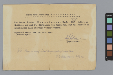 Schreiben betreffend Kossolapows Erkrankung und seine Verlegung nach über Tage