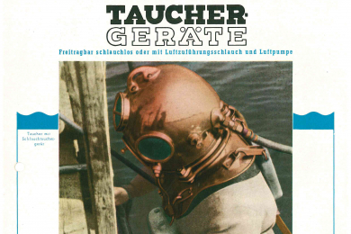 Werbeblatt mit Text und Abbildung eines Tauchers, der an einer Leiter ins Wasser steigt