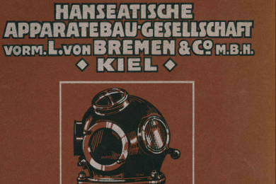 Deckblatt eines Prospektes zu Tauchapparaten mit Text und Zeichnung eines Tauchhelms