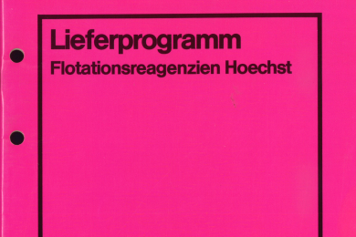 pinkes Deckblatt mit schwarzer Aufschrift Lieferprogramm Flotationsreagenzien von Hoechst