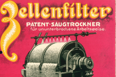 Werbung für eine Zellenfilter pinker Hintergrund mit gelber und roter Beschriftung und Zeichnung des Filters