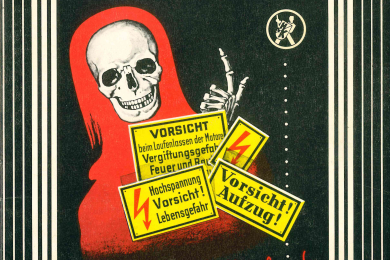 Katalogdeckblatt mit Abbildung verschiedener Warnschilder vor einem Skelett, das warnend den Zeigefinger hebt