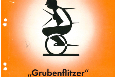 Werbeblatt Grubenfiltzer mit Zeichnung eines Männchens auf einem Grubenfahrrad