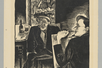 Lithografische Abbildung zweier Männer, die sich in einem dunklen Raum befinden, der eine sitzt Modell mit Bier- und Schnapsglas auf einem Tisch hinter ihm stehend, der andere malt. Durch das Fenster wird der Blick auf eine Industriekulisse mit qualmenden Schloten und einem alles überragenden Fördergerüst freigegeben. Daneben prangt ein Schild. Es wirbt für Dortmunder Union Bier.