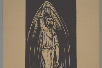 Zu sehen ist ein Mann mit einer Laterne in der erhobenen Rechten. Der Schädel ist in Form eines Totenkopfs gestaltet.