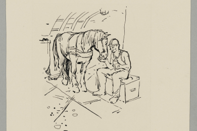 Ein Bergmann und das Pferd beim Buttern