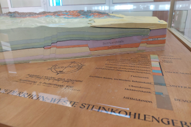 Geologisches Profil mit farbiger Darstellung der Schichten des Zechsteins mit einer Salzschicht, des Buntsandsteins, der Oberkreide und des Tertiärs.