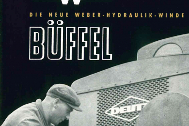 Werbung für Weber-Hydraulik-Winde BÜFFEL mit Abbildung der Winde in Bedienung und Text
