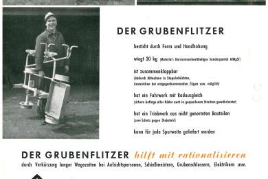 Prospektseite mit Abbildungen eines Bergmanns mit Grubenfahrrad und Text