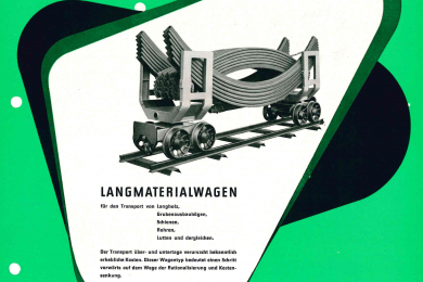 Werbeblatt für einen Langmaterialwagen mit Zeichnung eines solchen und Text