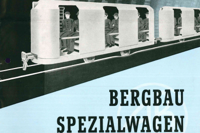 Deckblatt Werbeprospekt Bergbau-Spezialwagen mit Zeichnung eines Personenwagens unter Tage