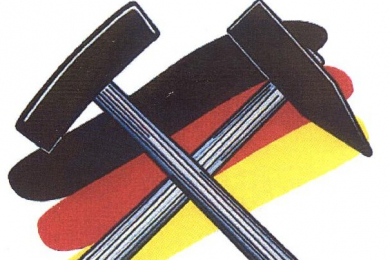 Zu sehen ist das Logo des 13. Bergmanns-, Hütten- und Knappentags, das gekreutze Schlägel und Eisen vor einer Deutschlandflagge zeigt.