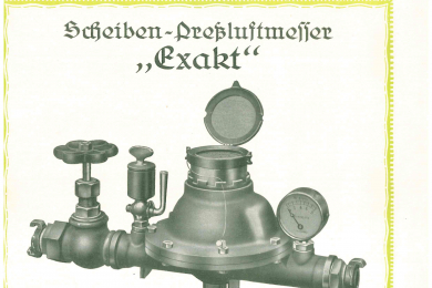 Werbung für Scheiben-Preßluftmesser Exakt mit Abbildung einer Leitung mit Messgerät und Text