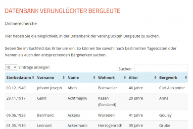Zu sehen ist ein tabellenförmiger Ausschnitt aus der Online-Datenbank.