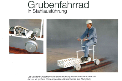 Prospektseite mit Abbildung eines Bergmanns auf einem Grubenfahrrad und Text