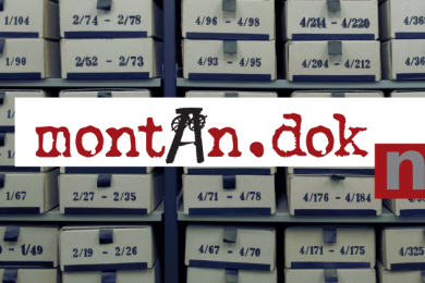 Zu sehen ist der Titel der montan.dok news mit einer Reihe von Archivkartons im Hintergrund.