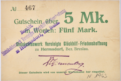 Schein mit Aufschrift Gutschein 5 Mark Steinkohlenwerk Vereinige Glückhilf-Friedenshoffnung und weiteren Angaben