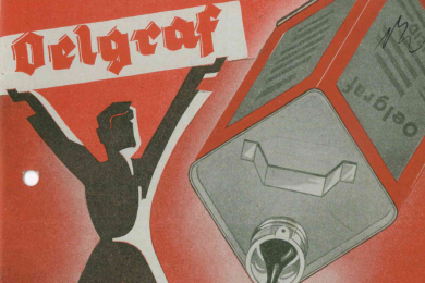 Werbung für Oelgraf mit überdimensionierte Ölkanister aus dem Öl auf eine Maschine tropft 
