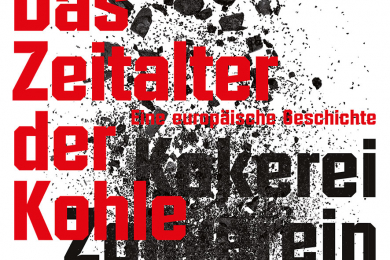 Das Ausstellungsplakat zeigt den Titel der Ausstellung vor einem schwarz-weissem Hintergrund mit Kohlebrocken.