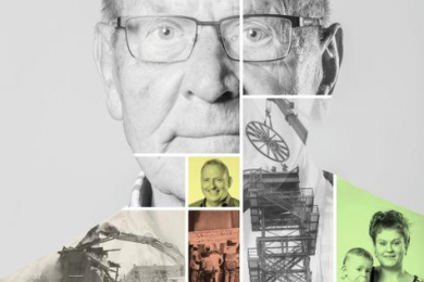 Zu sehen ist das Ausstellungsplakat mit einer Collage historischer Fotografien und dem Porträtbild eines älteren Mannes.