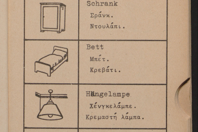 Bilder von alltäglichen Gegenständen daneben die Bedeutung in deutscher und griechischer Sprache