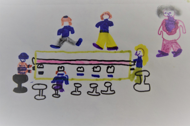 Stereobetrachtungsapparat im Deutschen Bergbau-Museum Bochum mit Kindern und einer Erwachsenen gemalt von einem Schüler