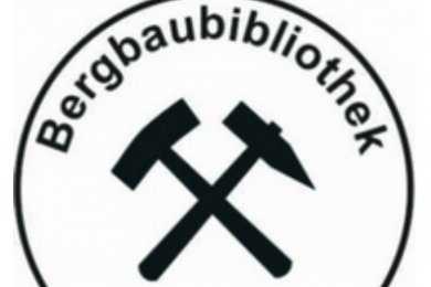 Das Bild zeigt das Logo der Bergbaubibliothek Alsdorf mit Name und gekreuzten Schlägel und Eisen