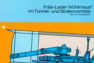Werbung für Fräs-Lader Wühlmaus mit Zeichnung einer Maschine und Text