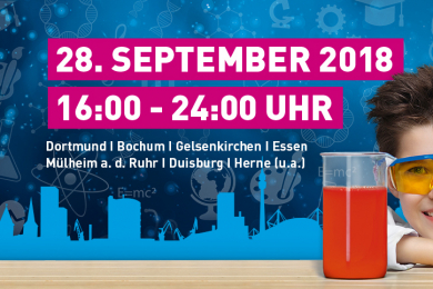 Das Veranstaltungsplakat zeigt einem Jungen mit einer Schutzbrille und einem Gefäß mit einer Chemikalie