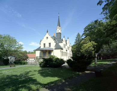 Ein Schloss mit Giebel und Turm steht inmitten eines grünen Parks mit Bäumen.
