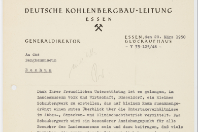 Dankschreiben der Deutschen Kohlenbergbau-Leitung an Museumsdirektor Winkelmann 