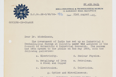 Brief von einem Museum in Indien an den Museumsdirektor Winkelmann, erste Seite