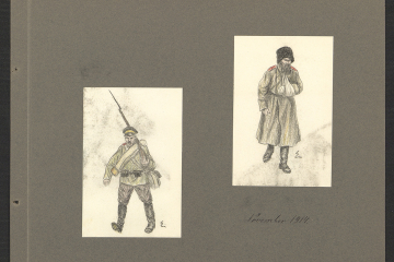 Zwei Zeichnungen von Soldaten in russischer Uniform. Einer bewaffnet in voller Montur, einer ohne Waffen mit verbundenem linken Arm.