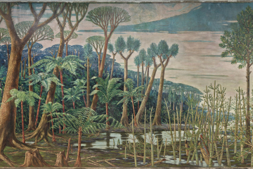 Fantasielandschaft mit verschieden Bäumen und Gewächsen an einem See im Karbonzeitalter 