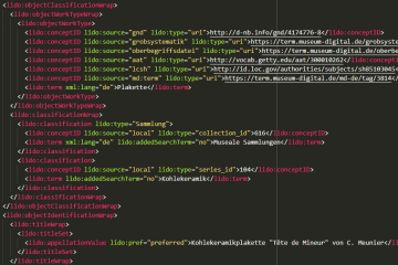 Ausschnitt aus dem Quelltext einer XML-Datei mit farblichen Hervorhebungen und Einrückungen auf schwarzem Hintergrund. 