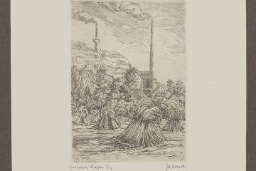 Monochrome Druckgrafik, die eine Industrielandschaft zeigt