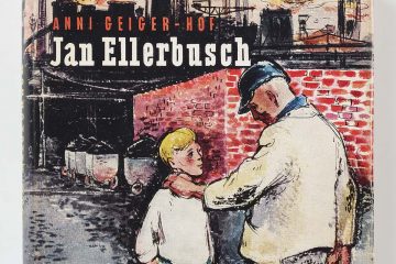 Buchumschlag mit einer kolorierten Skizze, die einen Mann und einen Jungen vor einer Mauer mit Industrieanlage darstellt.