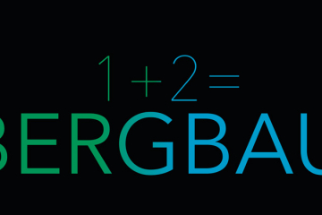 Ausstellungsplakat mit der Aufschrift 1+2 = Bergbau vor schwarzem Hintergrund