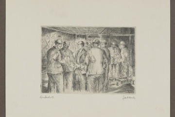 Monochrome Druckgrafik, die eine wartende Gruppe von Bergleuten zeigt