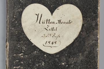 Dunkles Heft mit aufgeklebtem hellen Herz mit handschriftlichem Titel.