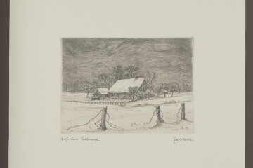 Monochrome Druckgrafik, die ein Gebäude in einer verschneiten Landschaft zeigt